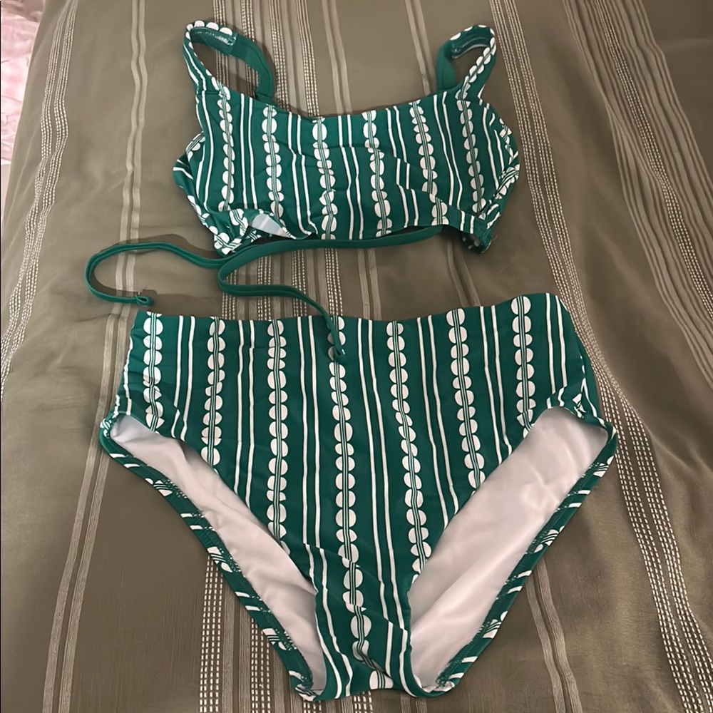 Kona Sol Green and White High-Waisted Bikini